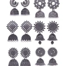 Sangria Set Of 6 Silver Plated Oxidized Jhumka Earrings-picture-38