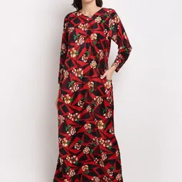 Overlock Women Red Pure Cotton Casual Floral Printed Long Sleeves Nightdress-picture-20