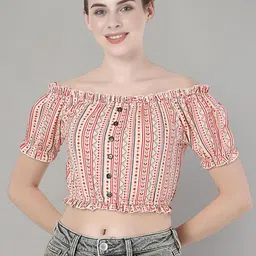 Zuvino Women Striped Off-Shoulder Puff Sleeve Ruffles Bohemian Blouson Crop Top-image-20