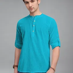 Yugnik Cotton Mandarin Collar Roll-Up Sleeves Straight Kurtas-picture-42