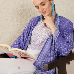 Indo Era Women Ethnic Motifs Embroidered Regular Thread Work Pure Cotton Kurta with Trousers & With Dupatta image 5
