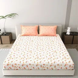 DREAM WEAVERZ Peach-Coloured & Pink Floral 260 TC King Bedsheet with 2 Pillow Covers image 2