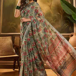 Moda Rapido Floral Zari Linen Blend Handloom Saree image 3