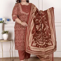 KALINI Ethnic Motifs Printed Round Neck Pure Cotton Straight Kurta & Trousers With Dupatta-picture-17