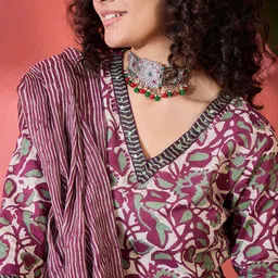 Sangria Printed Pure Cotton Straight Kurta With Trousers & Dupatta Sets image 4