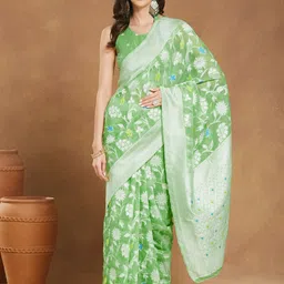 Janasya Linen Blend Geometric Woven Design Jacquard Saree with Blouse Piece image 5
