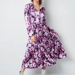Greenishpink Women Abstract Print Belted Shirt Midi Dress-image-16