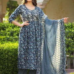 THE FAB FACTORY Floral Printed V-Neck Anarkali Kurta With Trousers And Dupatta-image-17