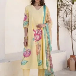 KALINI Women Floral Printed Regular Kurta with Trousers & With Dupatta image 4