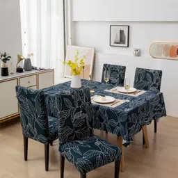 FAVRIA Blue & White Printed 6 Seater Table Cover With Chair Covers-picture-27