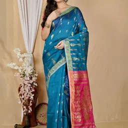 PuJoy Women Woven Design Zari Taant Saree-picture-34