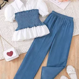 YK Girls Self Design Short Sleeves Pure Cotton Top With Trousers-picture-49