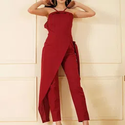 Stitchinc Women Shoulder Straps Sleeveless Linen Basic Jumpsuit-image-0