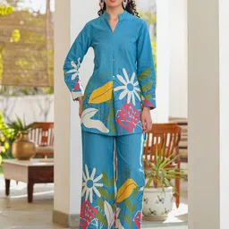 JISORA Women's Blue Printed Cotton Flex Co-ord Set-image-52