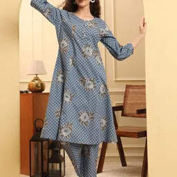 Yufta Floral Printed Round Neck Pure Cotton A-Line Kurta With Trousers-image-15