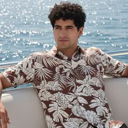 StitchX Men's Burgundy Beige Half Sleeve Tropical Leaf Printed Shirt-picture-15