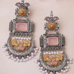 KARATCART Silver Plated Kundan Studded Contemporary Oxidised Drop Earrings-picture-30