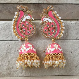 Anouk Gold Plated Peacock Shaped Artificial Stones & Beads Studded Meenakari Jhumkas image 1