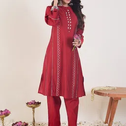 Indo Era Women Ethnic Motifs Embroidered Regular Thread Work Chanderi Silk Kurta with Trousers-picture-19