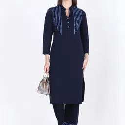 ROSARY Women Ethnic Motifs Embroidered Side Slits Mandarin Collar Kurta with Trousers-picture-16