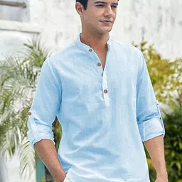 Navkanj Band Collar Roll-Up Sleeves Straight Short Kurta-picture-21