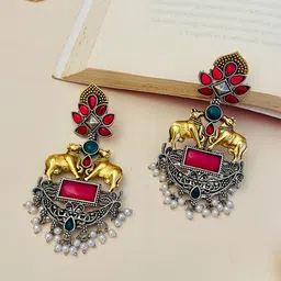 Anouk Silver Plated Stones Studded And Beaded Animal Shaped Oxidised Drop Earrings-picture-12