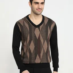 ColorPlus Geometric Self Design V-Neck Pullover-image-12