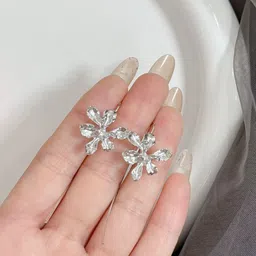 FIMBUL Silver-Plated Artificial Stones Studded Floral Shaped Drop Earrings image 3