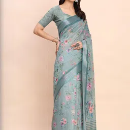 KALINI Floral Zari Linen Blend Designer Block Print Saree image 2