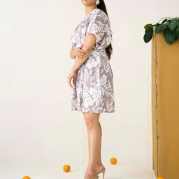 R.Code by The Roadster Life Co. Women Printed Short Sleeves V Neck Mini Taupe Dress image 4