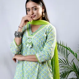 EKISHA Floral Printed A-Line Pure Cotton Kurta with Dhoti Pant & Dupatta image 3