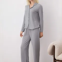 Trendyol Women Self Design Striped Shirt & Pyjamas Night suit image 1