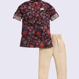 LITTLE COLLARS Boys Floral Printed Pure Silk Kurta with Pyjamas image 3