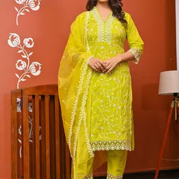 Anouk Floral Embroidered V-Neck Pure Cotton Thread Work Kurta With Trousers & Dupatta-image-40