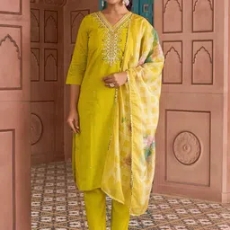 Navlik Women Ethnic Motifs Embroidered Regular Thread Work Kurta with Trousers & With Dupatta-image-80
