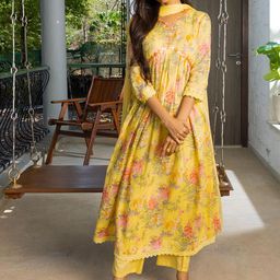 Sangria Yellow Floral Printed Empire Pure Cotton Anarkali Kurta With Trousers & Dupatta-picture-32