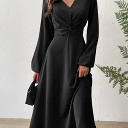 KPOP Women Puff Sleeves Fit & Flare Midi Dress-image-43