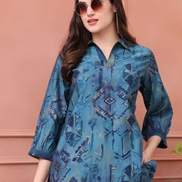 Claura Printed Shirt Collar Tunic With Trousers Co-Ords Set image 4