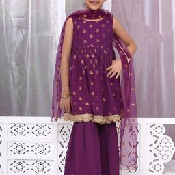 Little Bansi Girls Floral Woven Design Pleated Pure Cotton Kurta With Sharara & Dupatta-picture-0