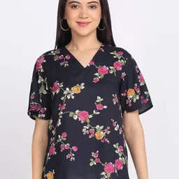 SHAYE Women Navy Blue V-Neck Floral Print Short Sleeves Casual Tops-image-49