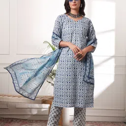 KALINI Women Floral Printed Regular Pure Cotton Kurti with Trousers & With Dupatta image 2