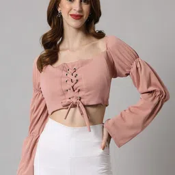 VANGULL Women Puff Sleeve Lace-Up Crop Top-picture-31