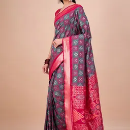 House of Pataudi Ethnic Motifs Woven Design Zari Ikat Saree image 5
