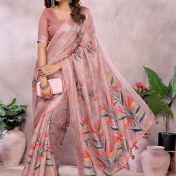 V3 FASHION STUDIO Floral Zari Linen Blend Saree-image-49