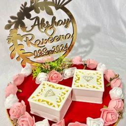 creative horizon Artificial Flower Design Engagement Ring Tray Platter, Name Plate with Date Wood, Plastic Decorative Platter image 3