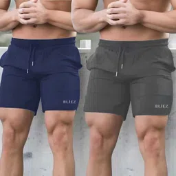 bliez Pack of 2 Solid Men Blue, Grey Basic Shorts-picture-42