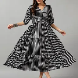 Krunal Raiyani Women Striped Puff Sleeve V-Neck Tiered Fit & Flare Midi Dress-image-75