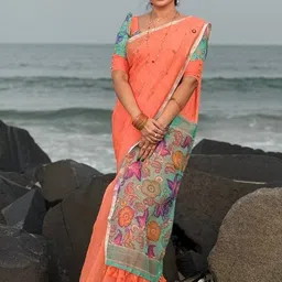 HERE&NOW Floral Printed Pure Linen Saree With Unstitched Blouse Piece image 5