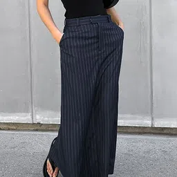bebe Women Striped High-Rise Back Slit Straight Maxi Skirt-image-58