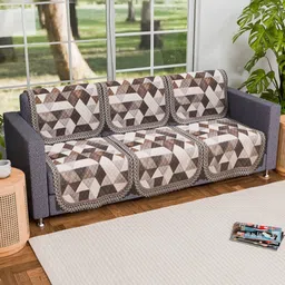 Aura Cream-Coloured & Brown 6 Pieces Geometric Printed 3 Seater Velvet Sofa Covers-image-57